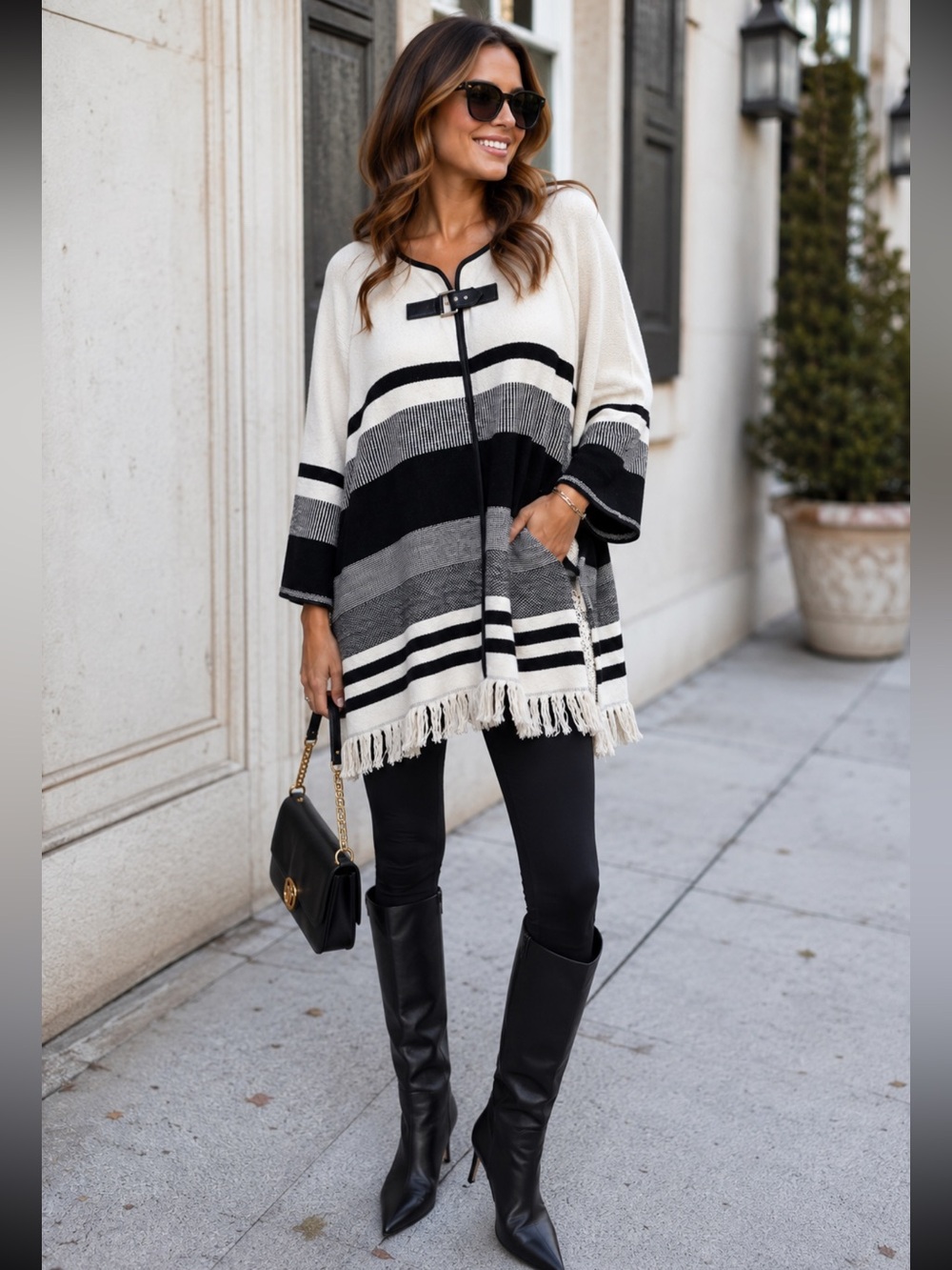 Karen Millen Black White Fringe Cotton Oversized Poncho Sweater US 2 Boho